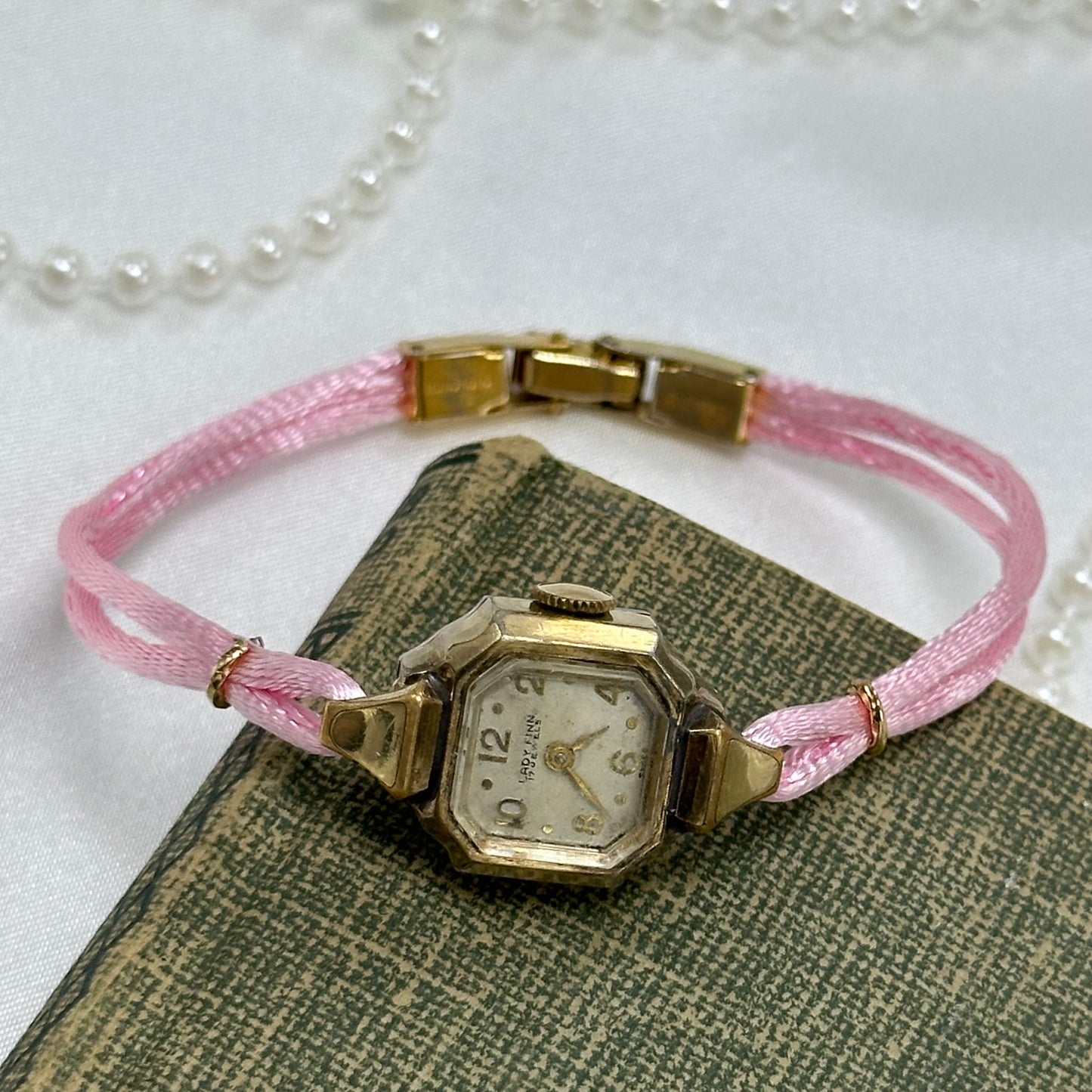 Vintage Gold Wind-Up Cocktail Watch with Satin Pink Band