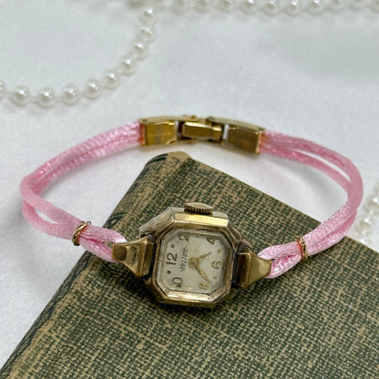Vintage Gold Wind-Up Cocktail Watch with Satin Pink Band
