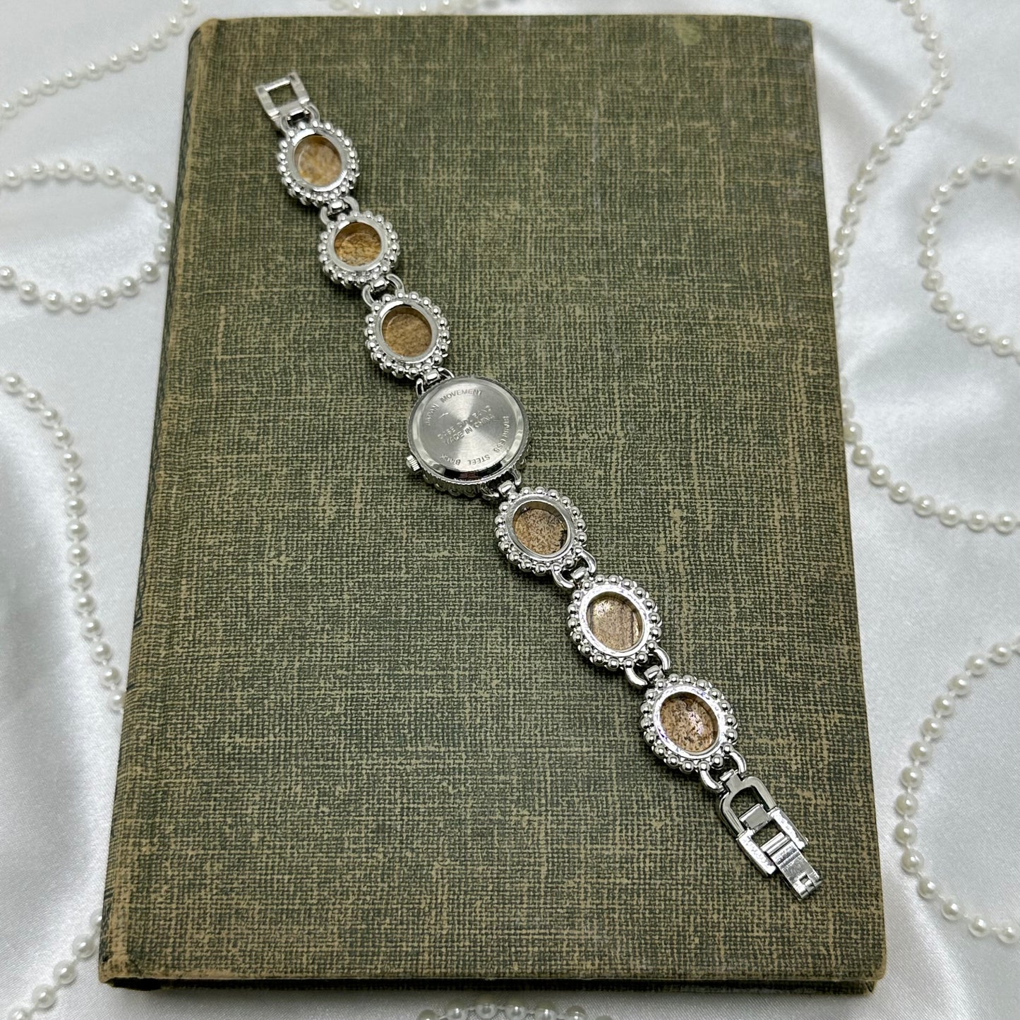 Vintage Silver Lee Sands Watch with Jasper Gemstone Band and Mother of Pearl Dial