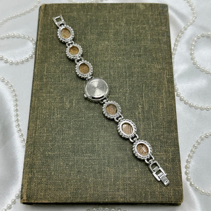 Vintage Silver Lee Sands Watch with Jasper Gemstone Band and Mother of Pearl Dial