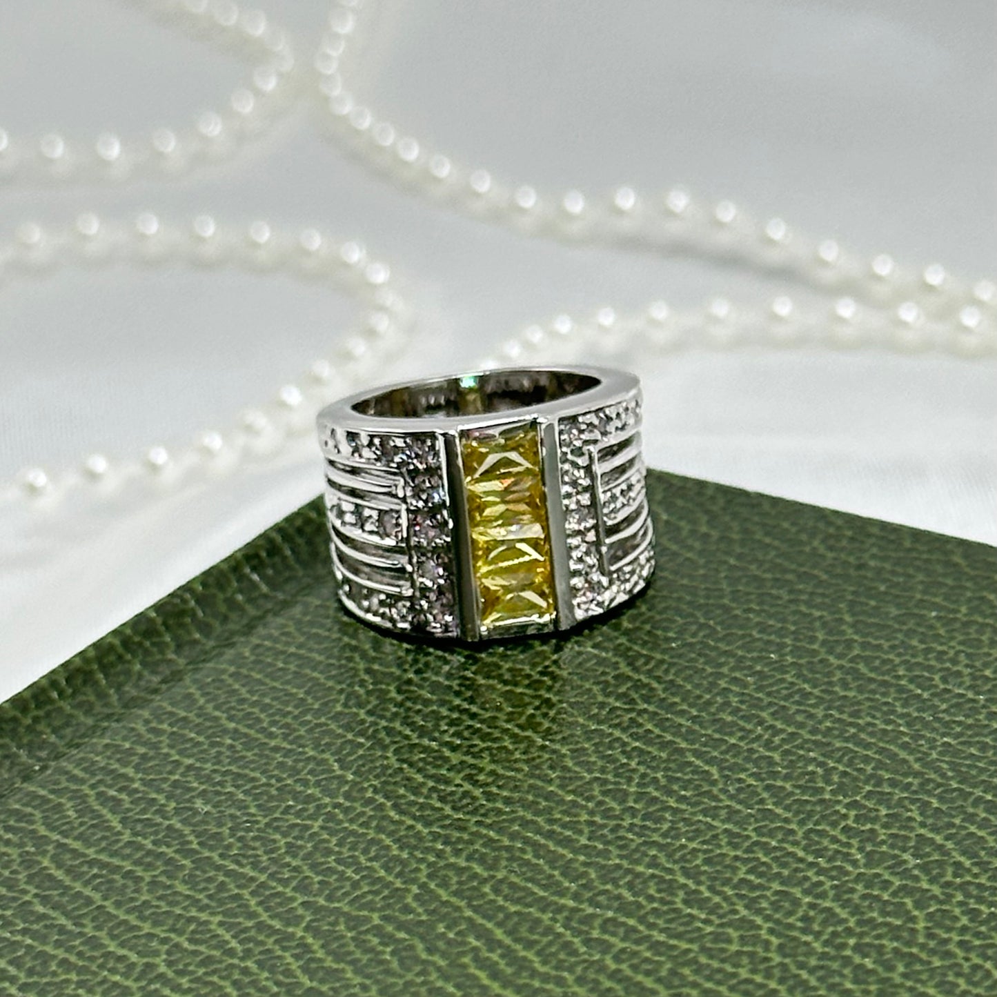 Three Row Yellow and Clear Stone Vintage Deadstock Band Ring Rhodium Plated