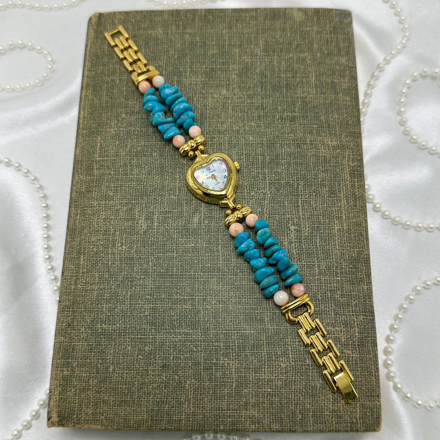 Gold Blue and Pink Beaded Band Watch with Mother of Pearl Heart Dial