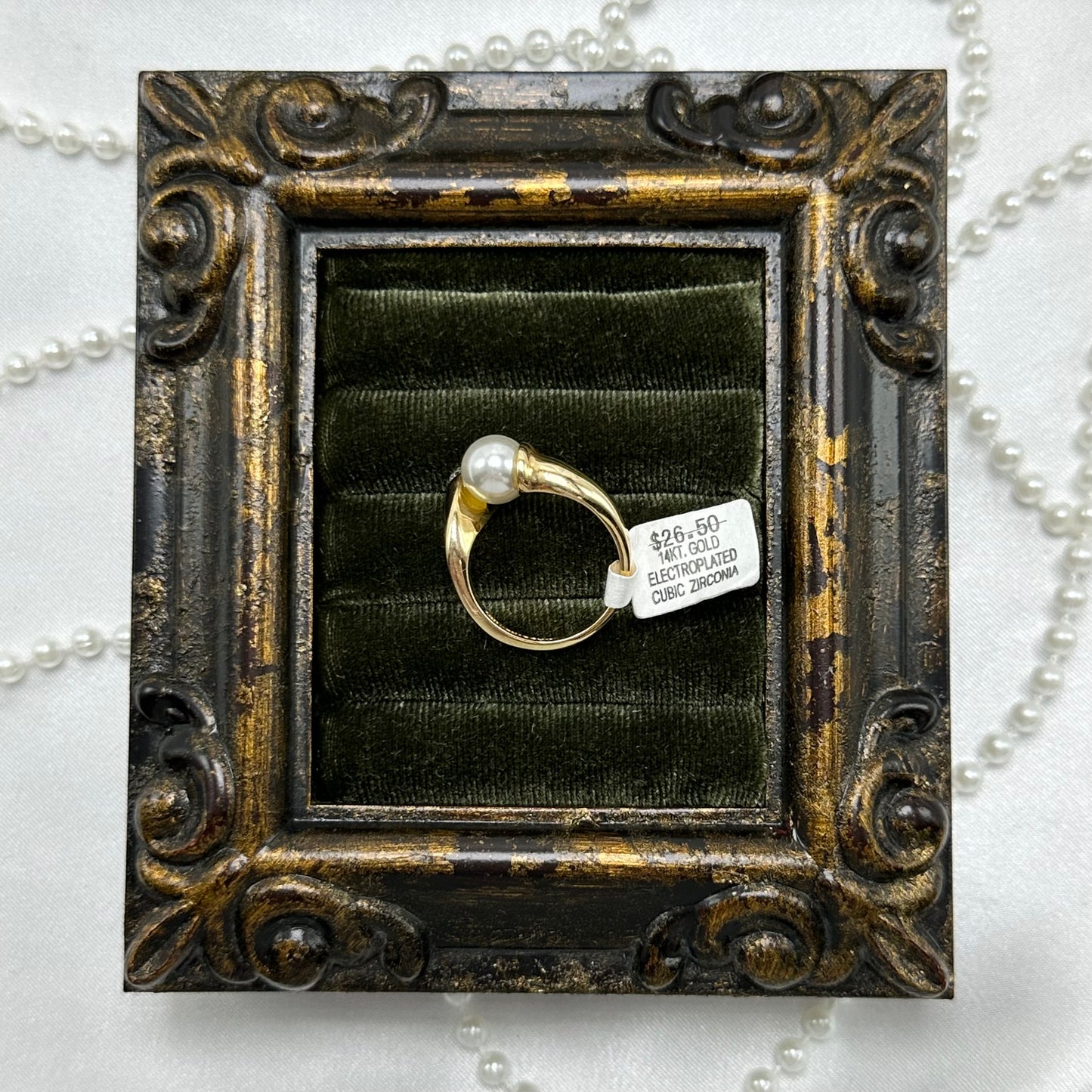 Pearl and Cubic Zirconia Stone Vintage Deadstock Ring 14k Gold Electroplated