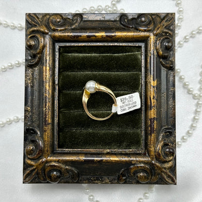 Pearl and Cubic Zirconia Stone Vintage Deadstock Ring 14k Gold Electroplated