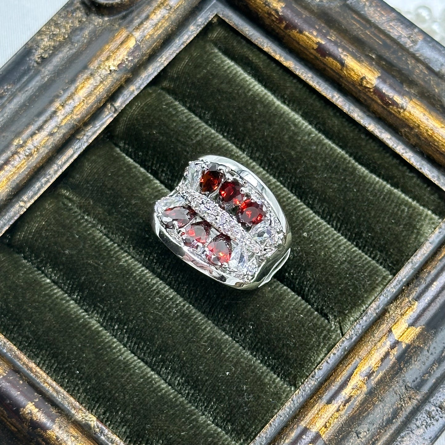 Vintage Red Stones Deadstock Cocktail Ring Rhodium Plated