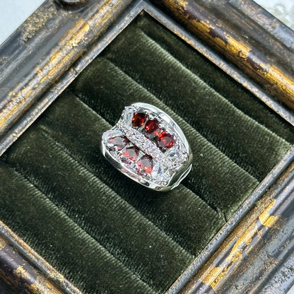 Vintage Red Stones Deadstock Cocktail Ring Rhodium Plated