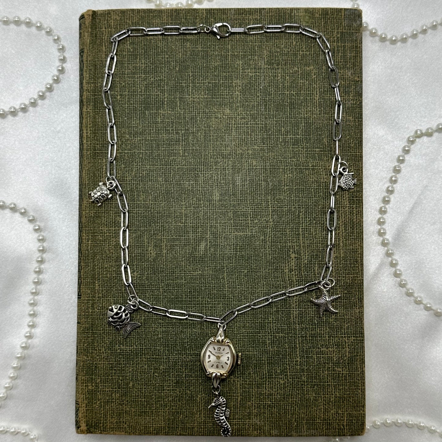 Silver Lariat Necklace with Vintage Watch and Ocean Charms