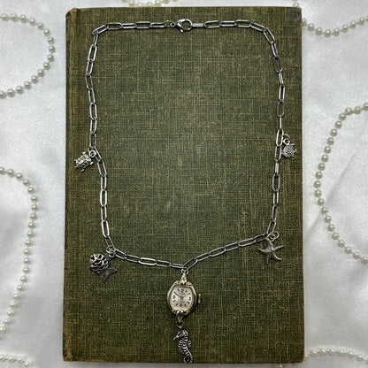 Silver Lariat Necklace with Vintage Watch and Ocean Charms