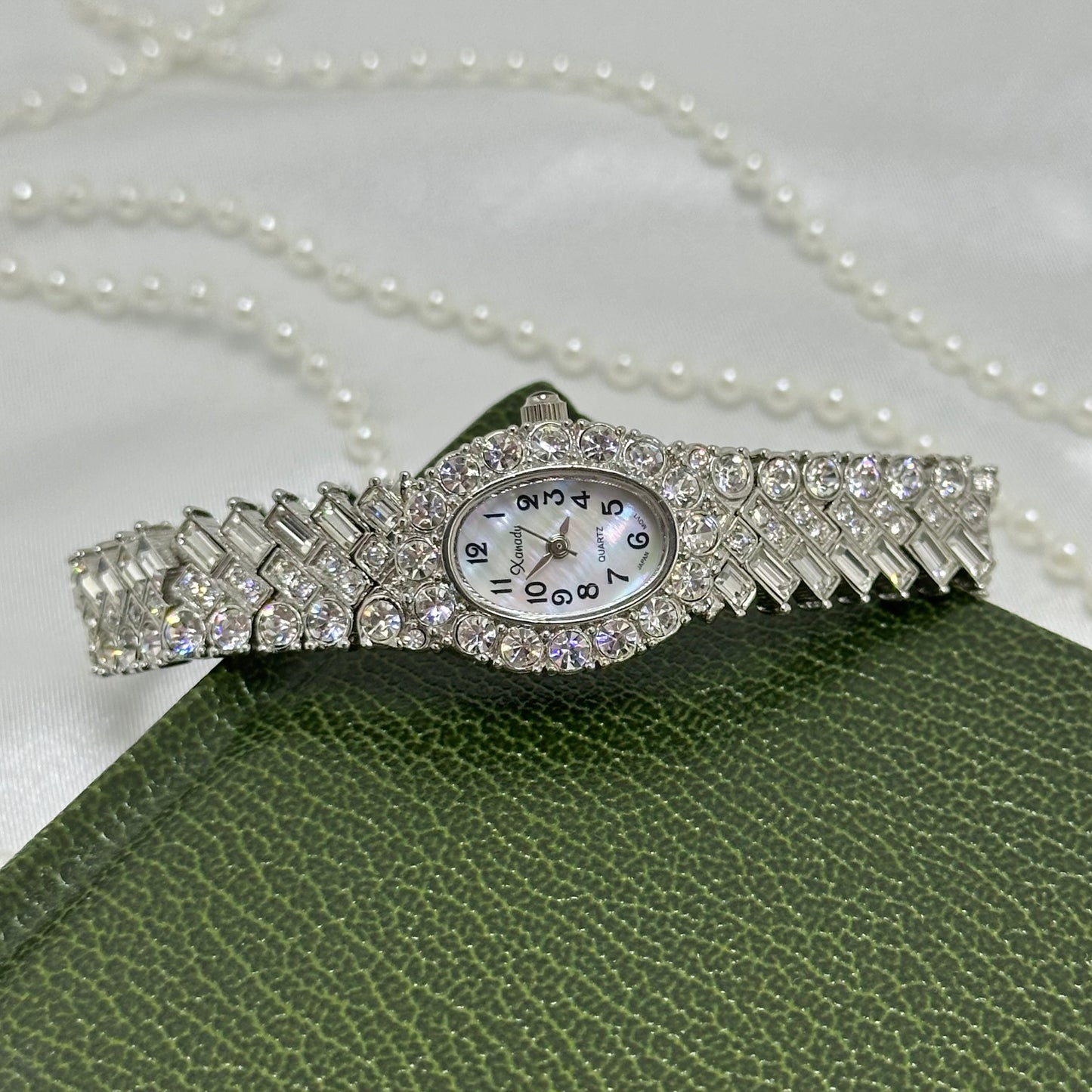 Elegant Crystal Silver Watch with Mother of Pearl Dial