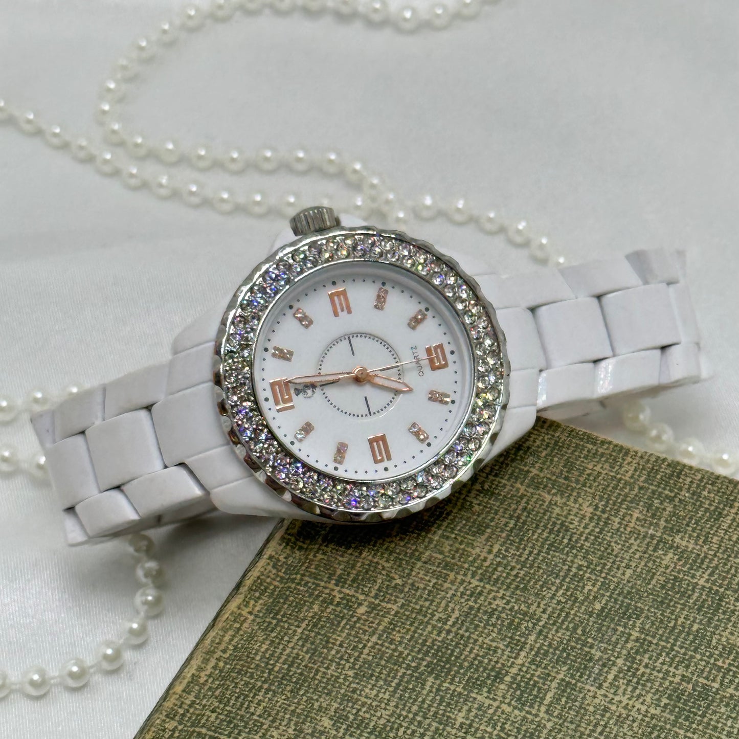 White Diamanté Dial Watch with Rose Gold Roman Numeral Markers
