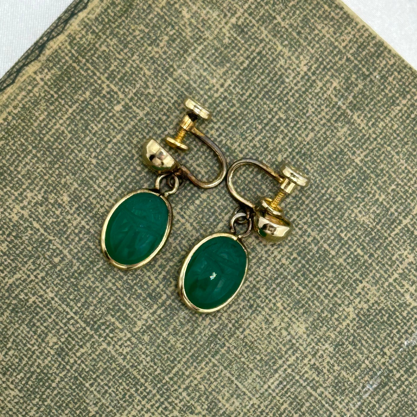 Vintage Gold Filled Green Scarab Screw Back Dangle Earrings
