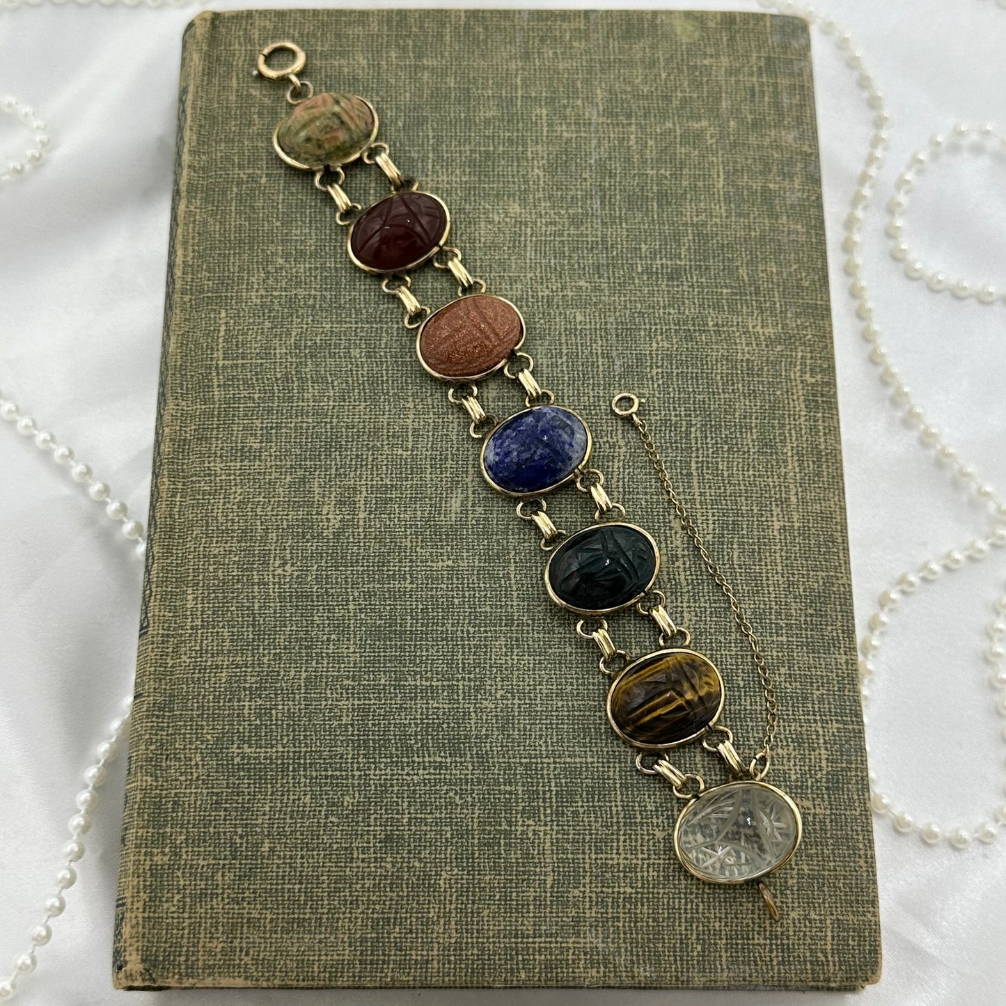 Chunky vintage gold filled bracelet with multicolor scarabs and safety chain.