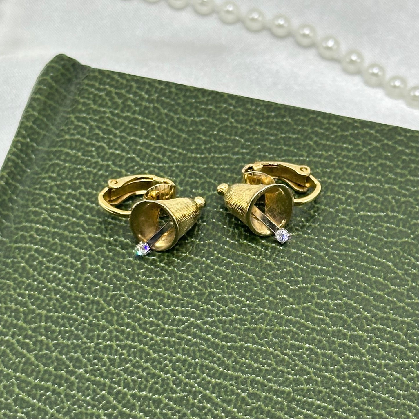 Dainty Gold Bells with Rhinestones Avon Clip On Earrings