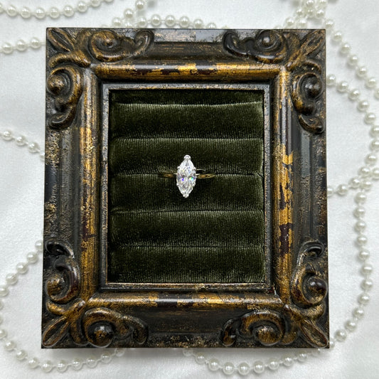 14k gold electroplated vintage deadstock ring with solitaire marquise clear cubic zirconia stone.