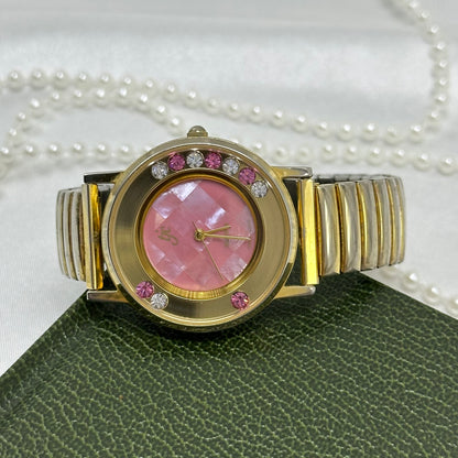 Pink and White Floating Crystal Dial Gold Watch