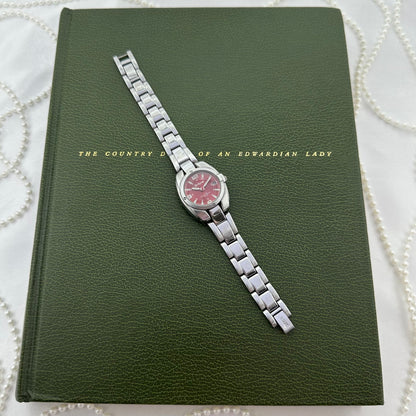 Silver Red Dial Watch with Date Display