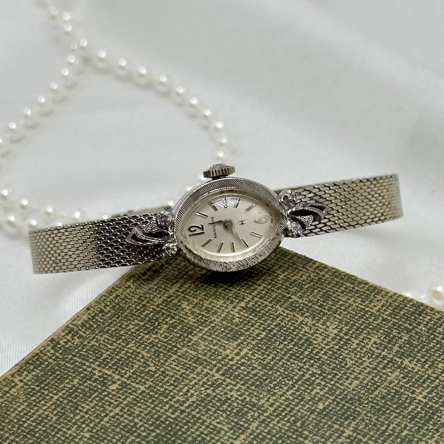 10k RGP Dainty Silver Wind-Up Hamilton Cocktail Watch with Diamond Dial