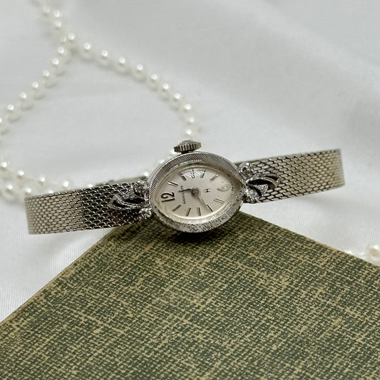 10k RGP Dainty Silver Wind-Up Hamilton Cocktail Watch with Diamond Dial