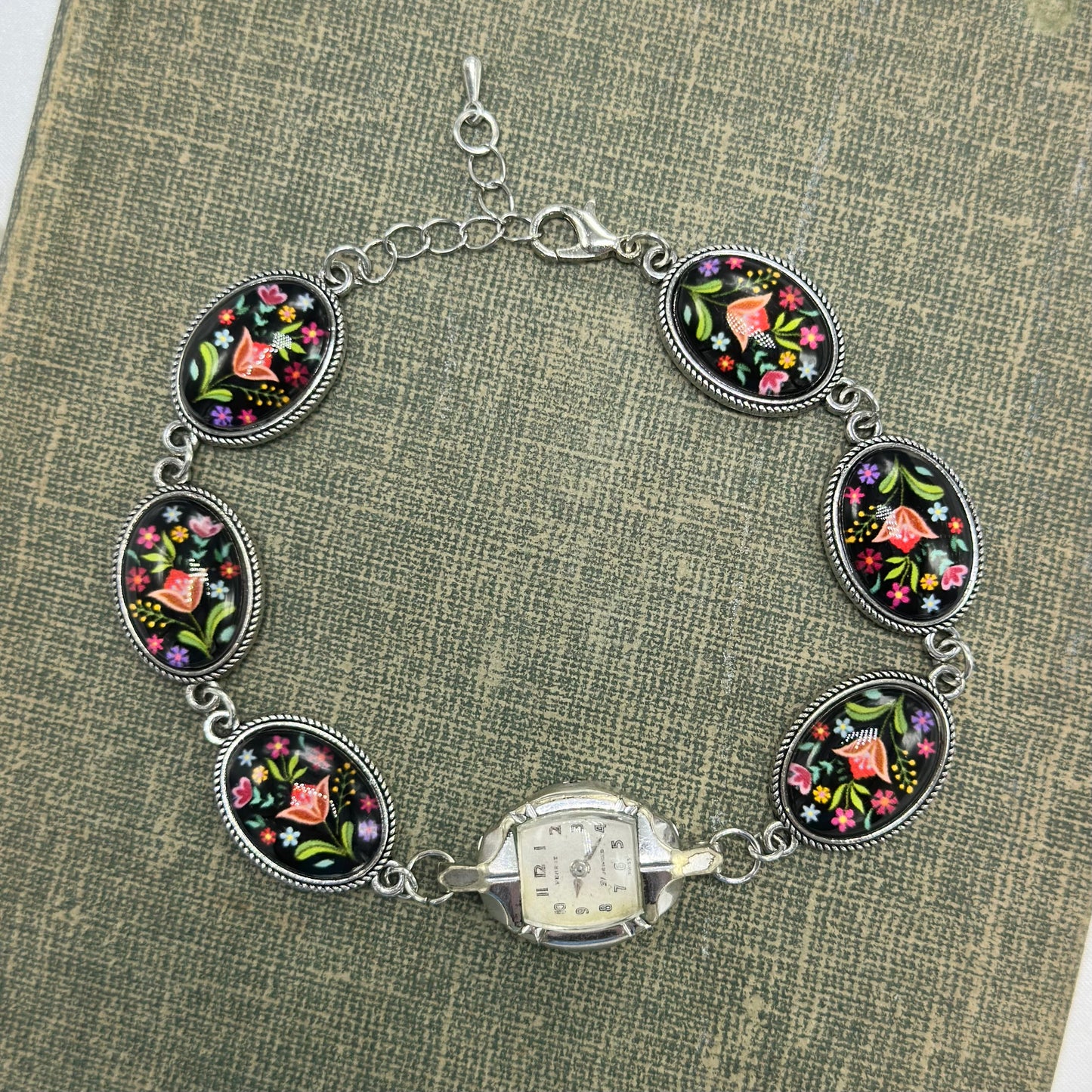 Black Floral Chain Bracelet with Vintage Silver 10k RGP Watch