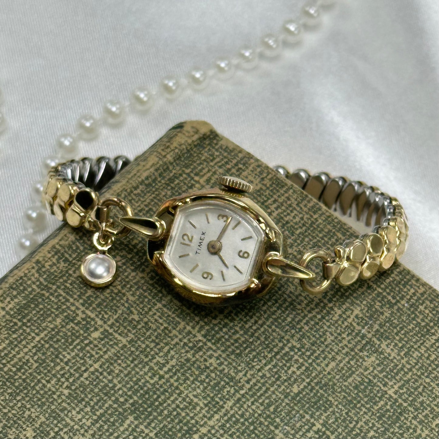Dainty Vintage Gold Timex Wind-Up Watch with Pearl Charm