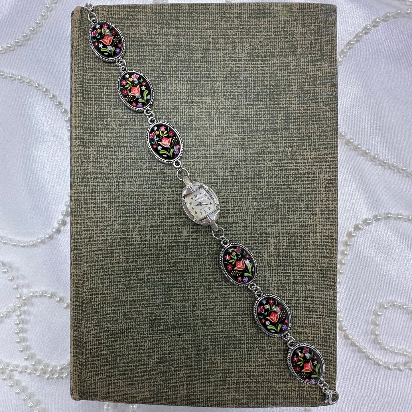 Black Floral Chain Bracelet with Vintage Silver 10k RGP Watch