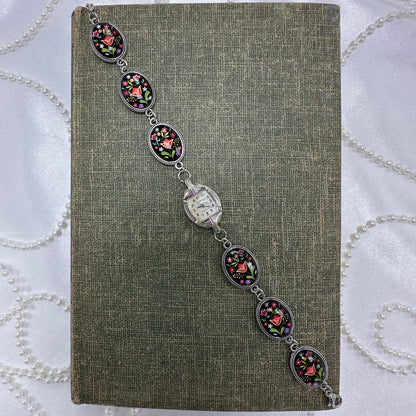 Black Floral Chain Bracelet with Vintage Silver 10k RGP Watch