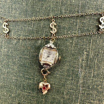 Gold Choker with Vintage Watch Pendant and Removeable Heart Locket