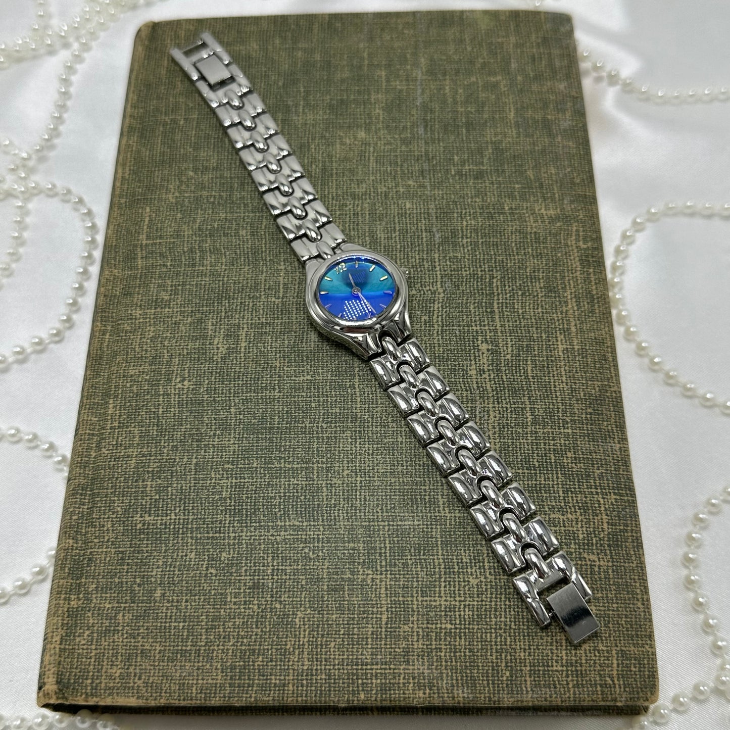 Silver Watch with Blue Iridescent Dial