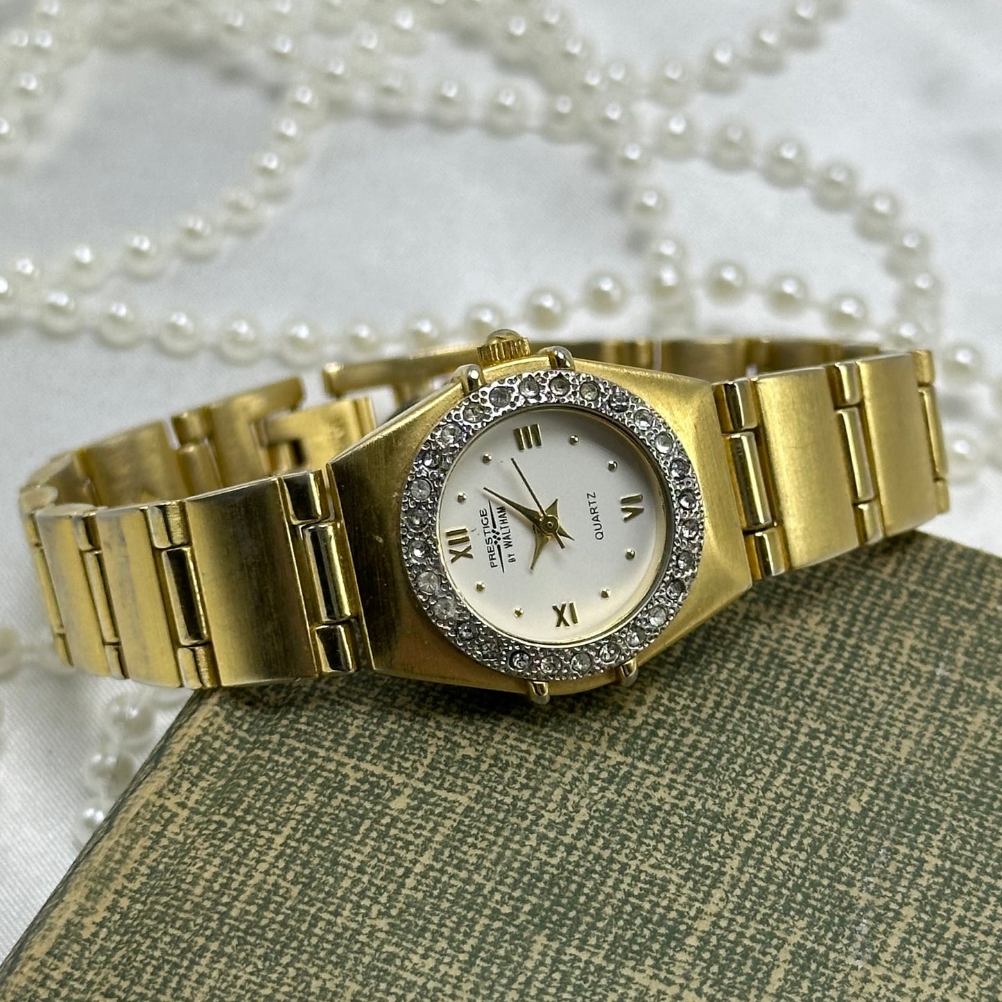 Gold Waltham Watch with Diamanté Round Dial