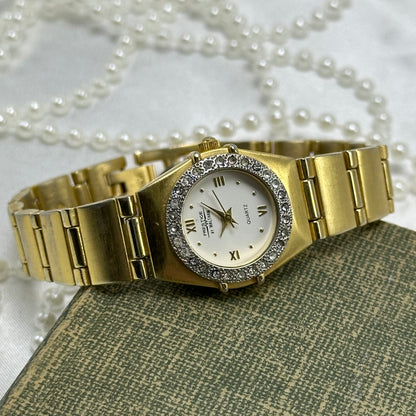 Gold Waltham Watch with Diamanté Round Dial