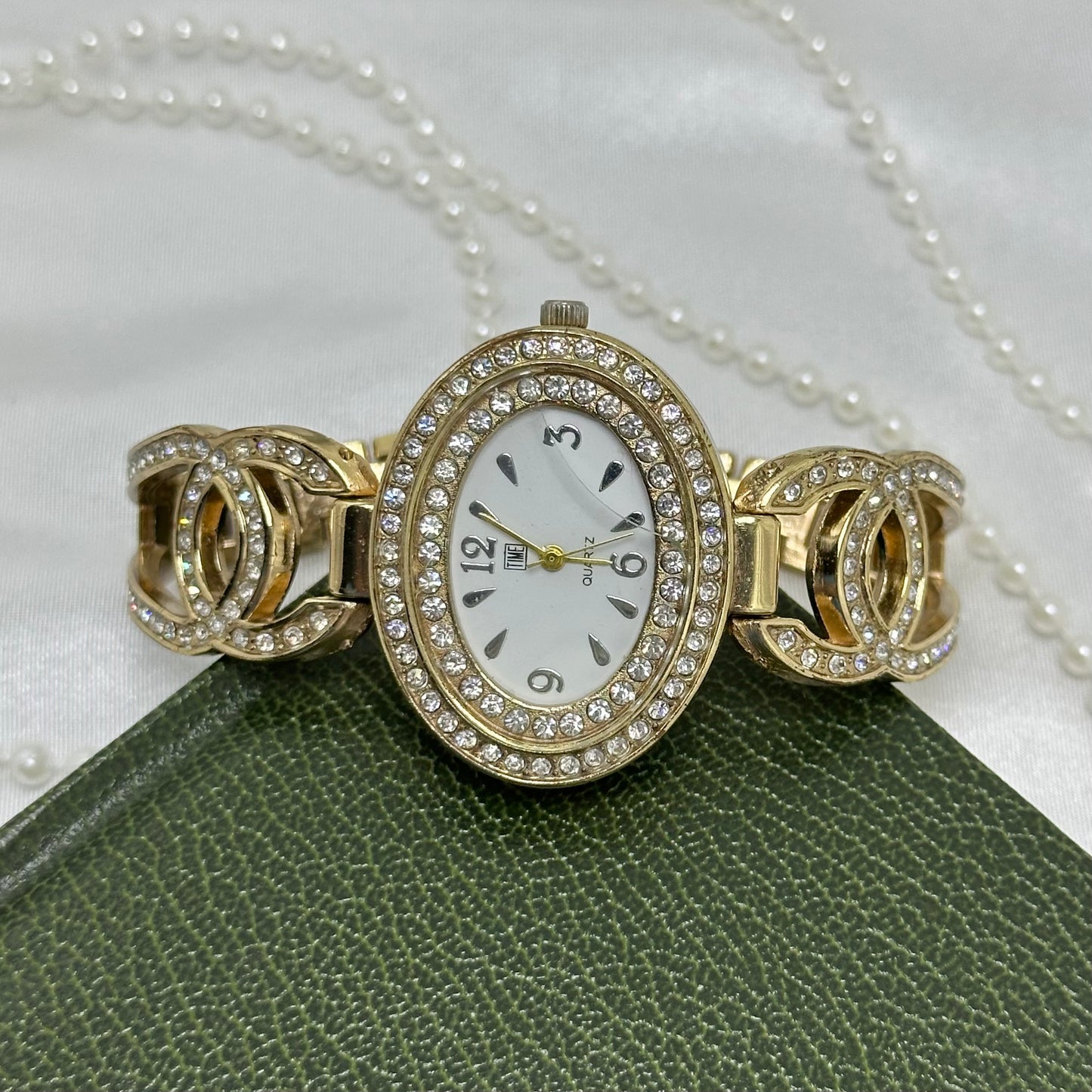 Gold Watch with Diamanté Oval Dial and Band