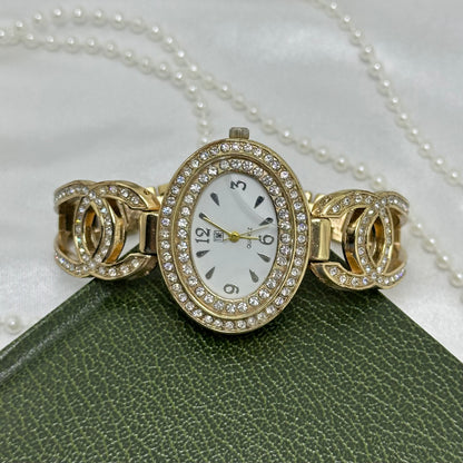 Gold Watch with Diamanté Oval Dial and Band