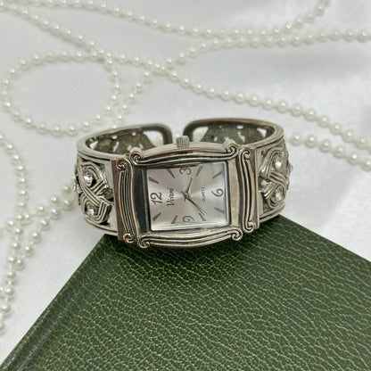 Silver Cuff Watch with Square Dial and Crossed Band