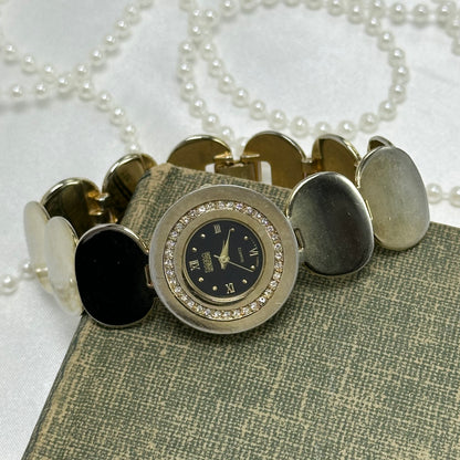 Two-Tone Coin Bracelet Watch with Black Diamanté Dial