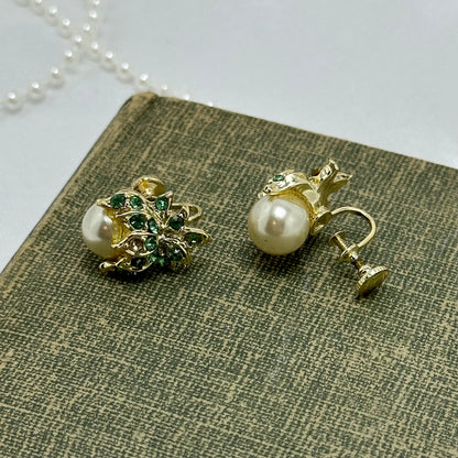 Vintage Green Rhinestone and Pearl Earrings - Screw Backs