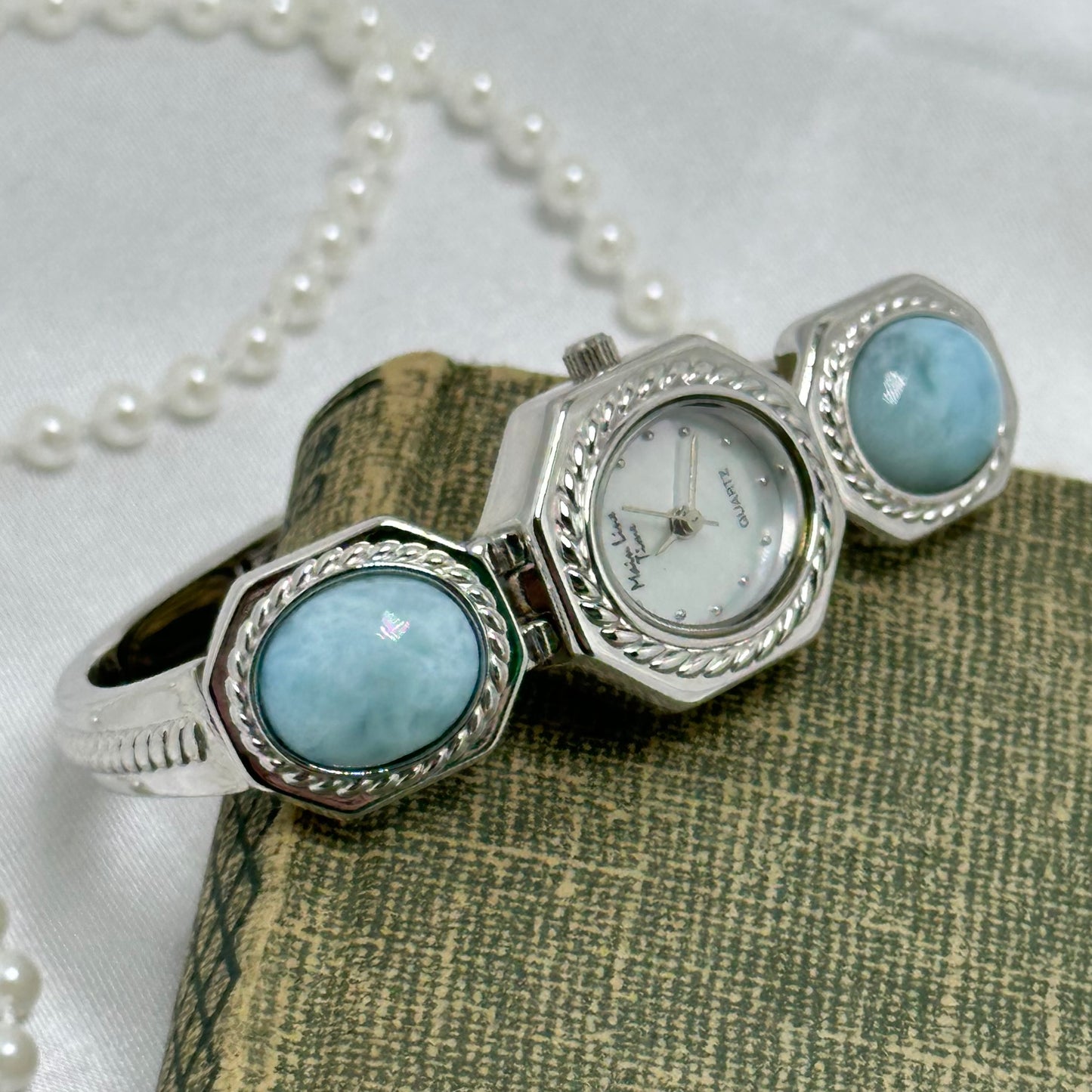 Light Blue Gemstone Watch with Mother of Pearl Dial