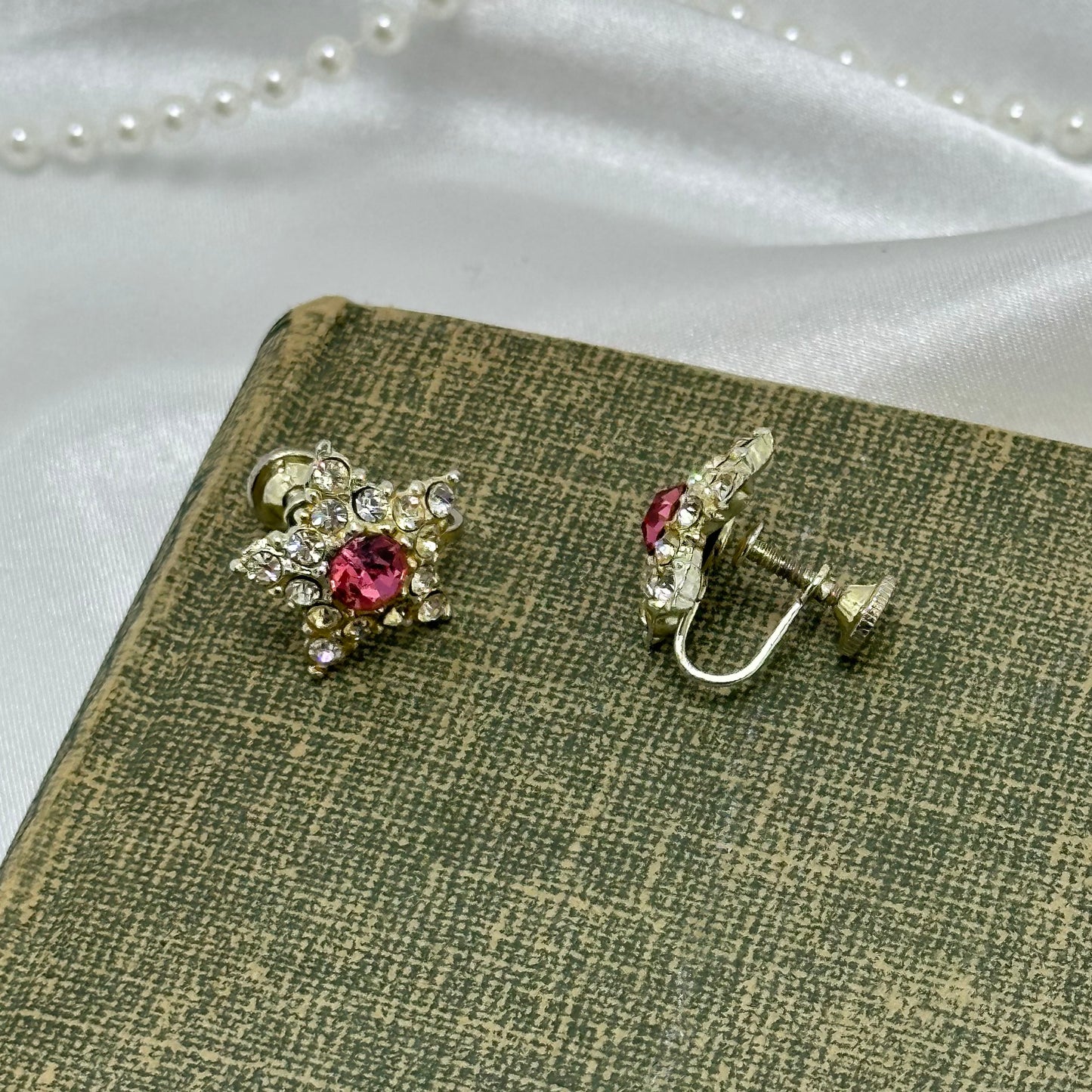 Vintage Pink Rhinestone Star Earrings - Screw Backs