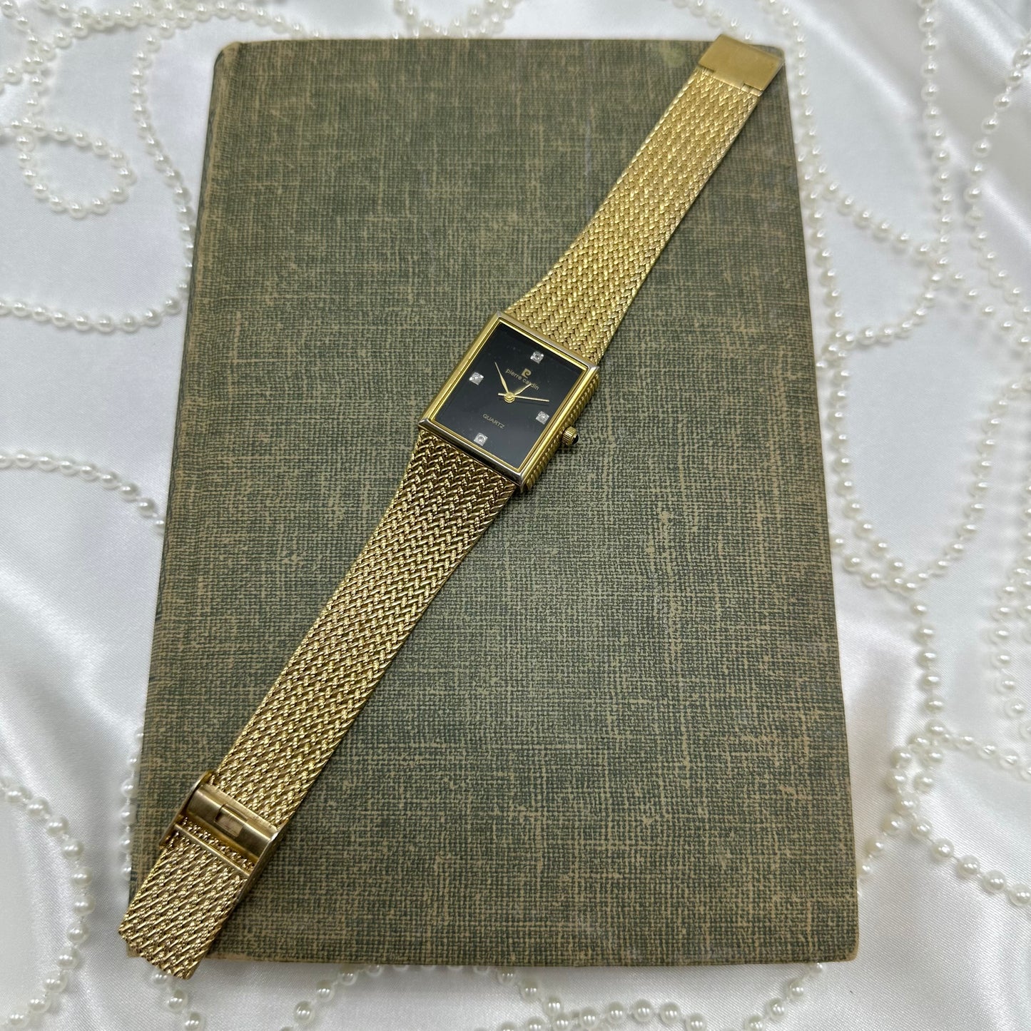 Vintage Pierre Cardin Gold Tank Watch with Black Dial and Diamond Markers