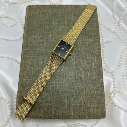 Vintage Pierre Cardin Gold Tank Watch with Black Dial and Diamond Markers