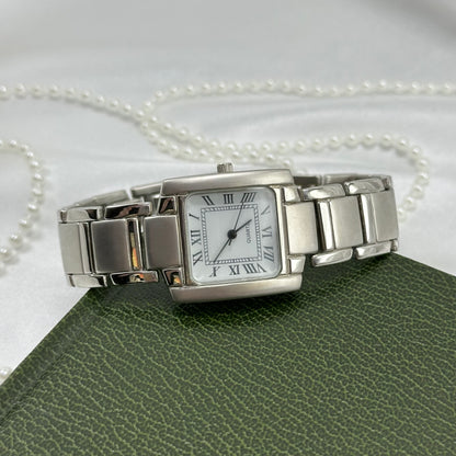 Silver Square Dial Chunky Watch with Roman Numeral Markers