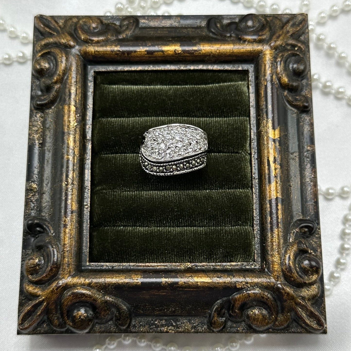 Vintage Black and Clear Stone Deadstock Pave Band Ring Rhodium Plated