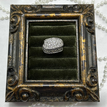 Vintage Black and Clear Stone Deadstock Pave Band Ring Rhodium Plated