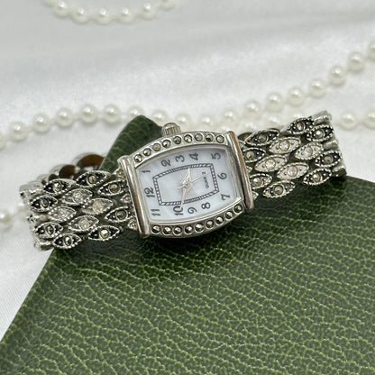 Silver and Black Marcasite Watch with Mother of Pearl Dial