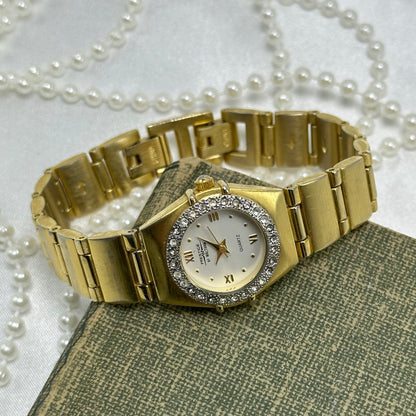 Gold Waltham Watch with Diamanté Round Dial