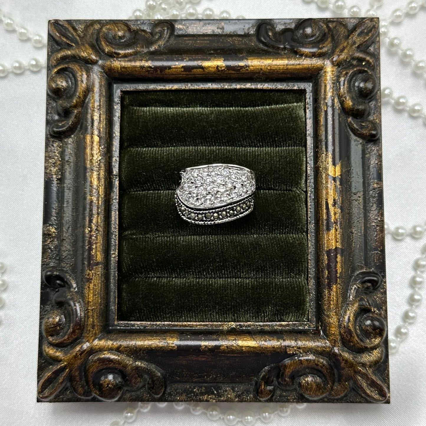 Vintage Black and Clear Stone Deadstock Pave Band Ring Rhodium Plated
