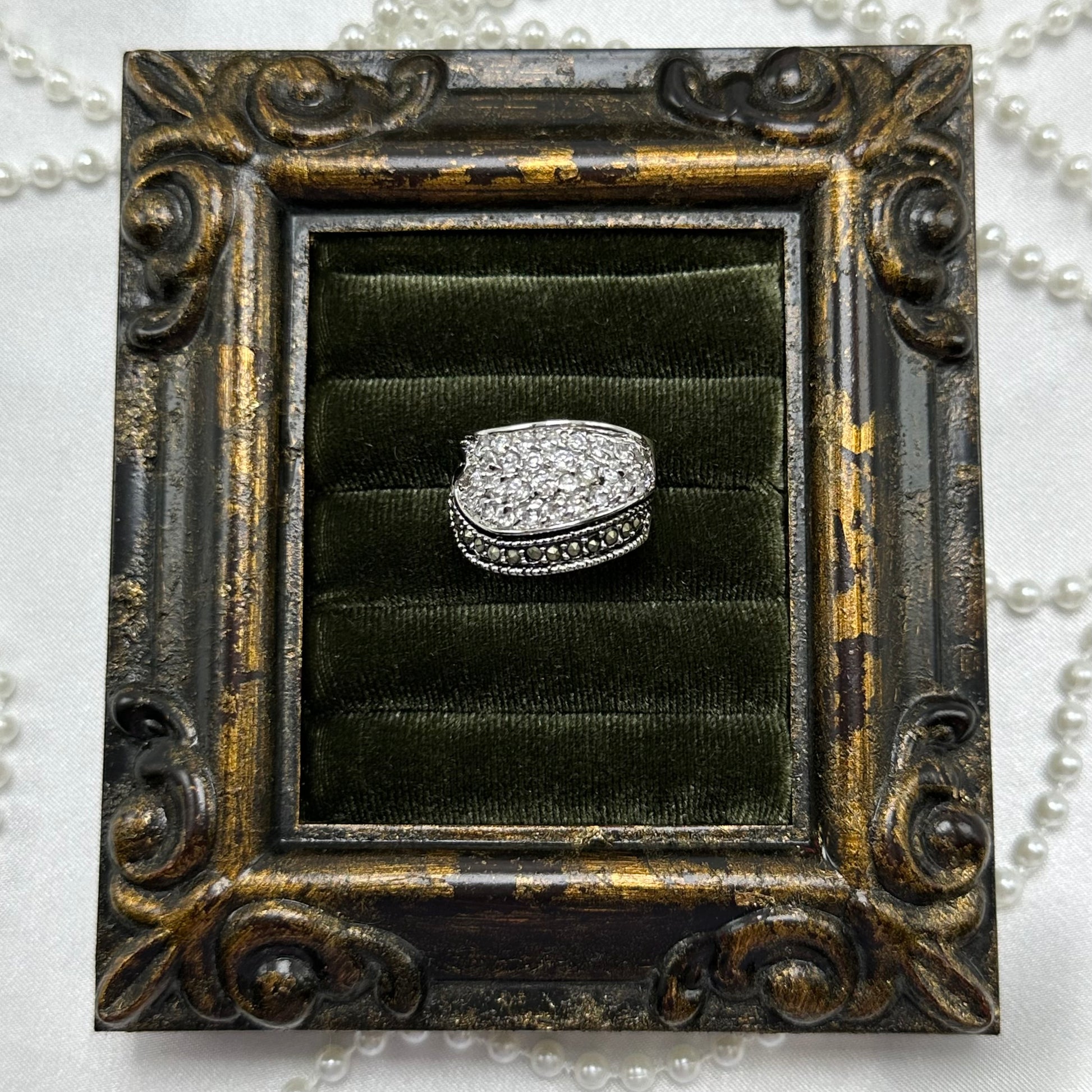 Vintage Black and Clear Stone Deadstock Pave Band Ring Rhodium Plated