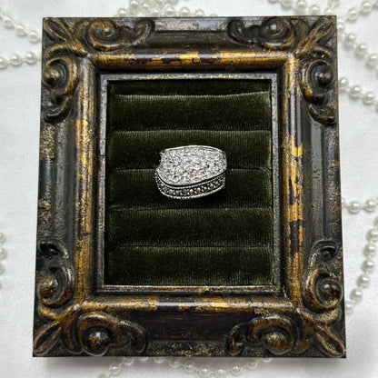 Vintage Black and Clear Stone Deadstock Pave Band Ring Rhodium Plated