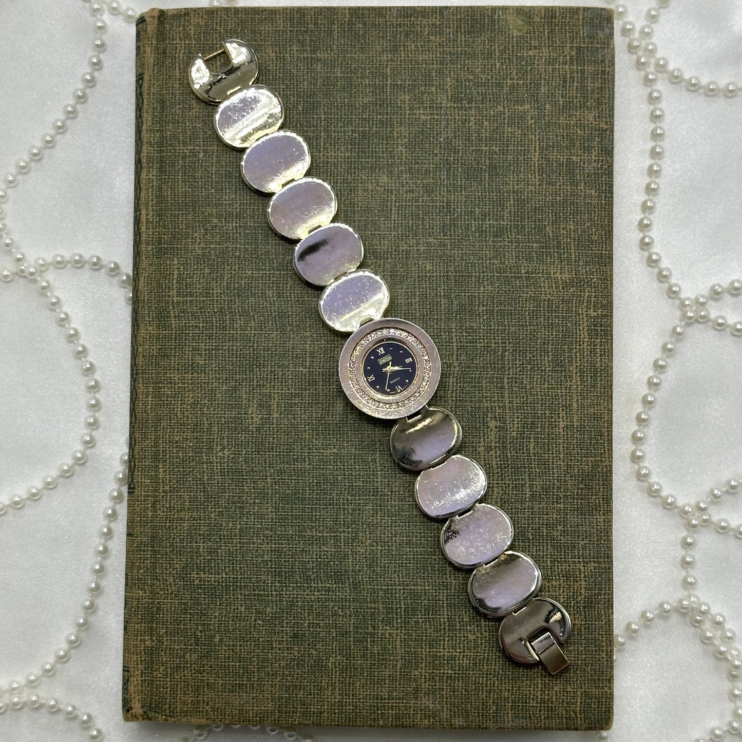 Two-Tone Coin Bracelet Watch with Black Diamanté Dial