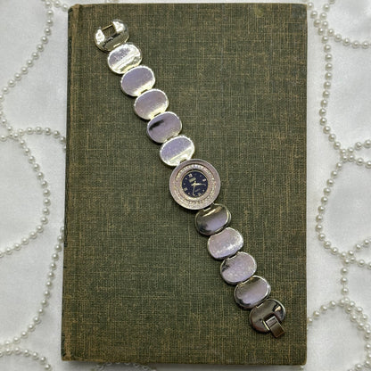 Two-Tone Coin Bracelet Watch with Black Diamanté Dial