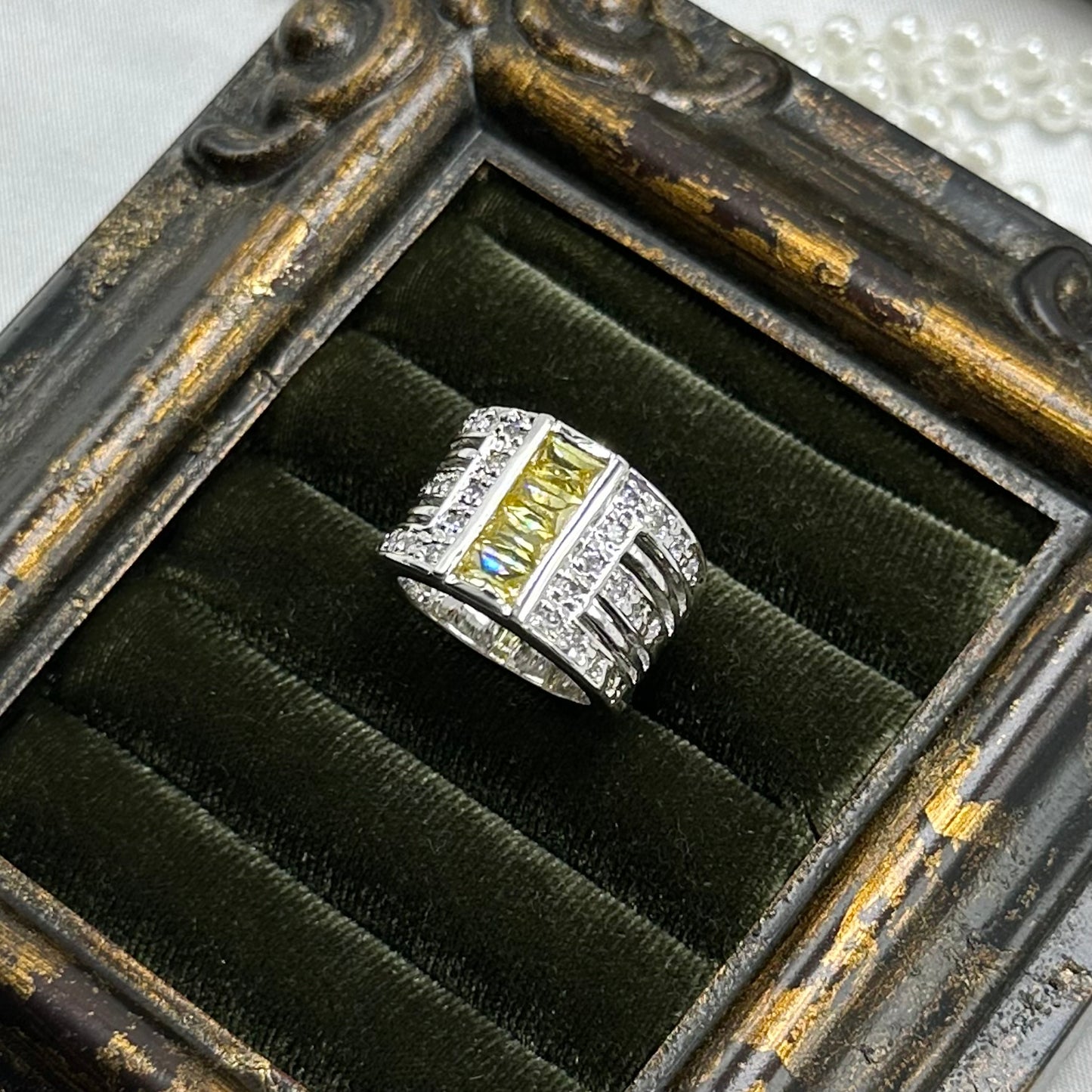 Three Row Yellow and Clear Stone Vintage Deadstock Band Ring Rhodium Plated